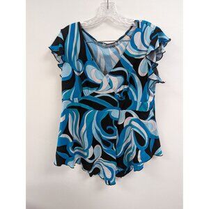 Dressbarn Womens Blouse Empire Waist Top Size M Shirt Blue Black Asymmetrical